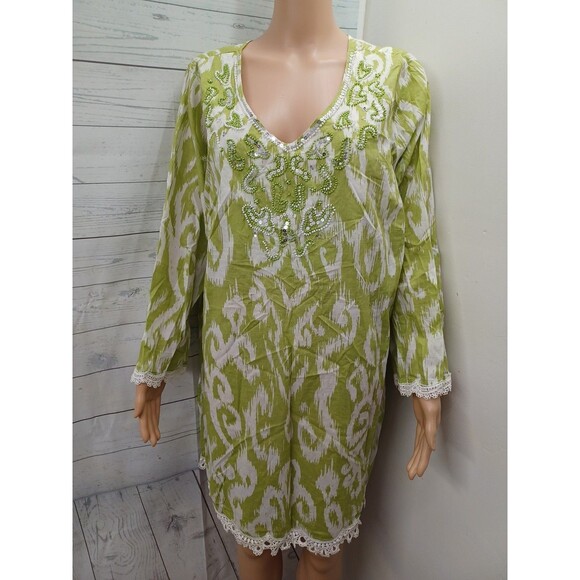 JM Collection Woman Cotton Boho Tunic Top Sz 24W Beaded Lace Green White - Picture 1 of 9